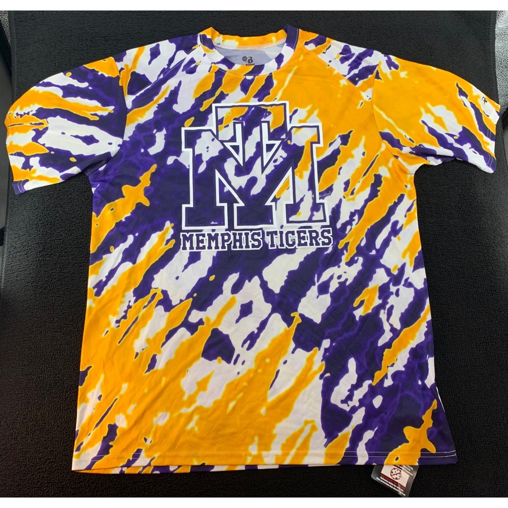 Badger Sport Memphis Tigers Tie Dye T Shirt Mens XL Purple Gold White‎ Athletic